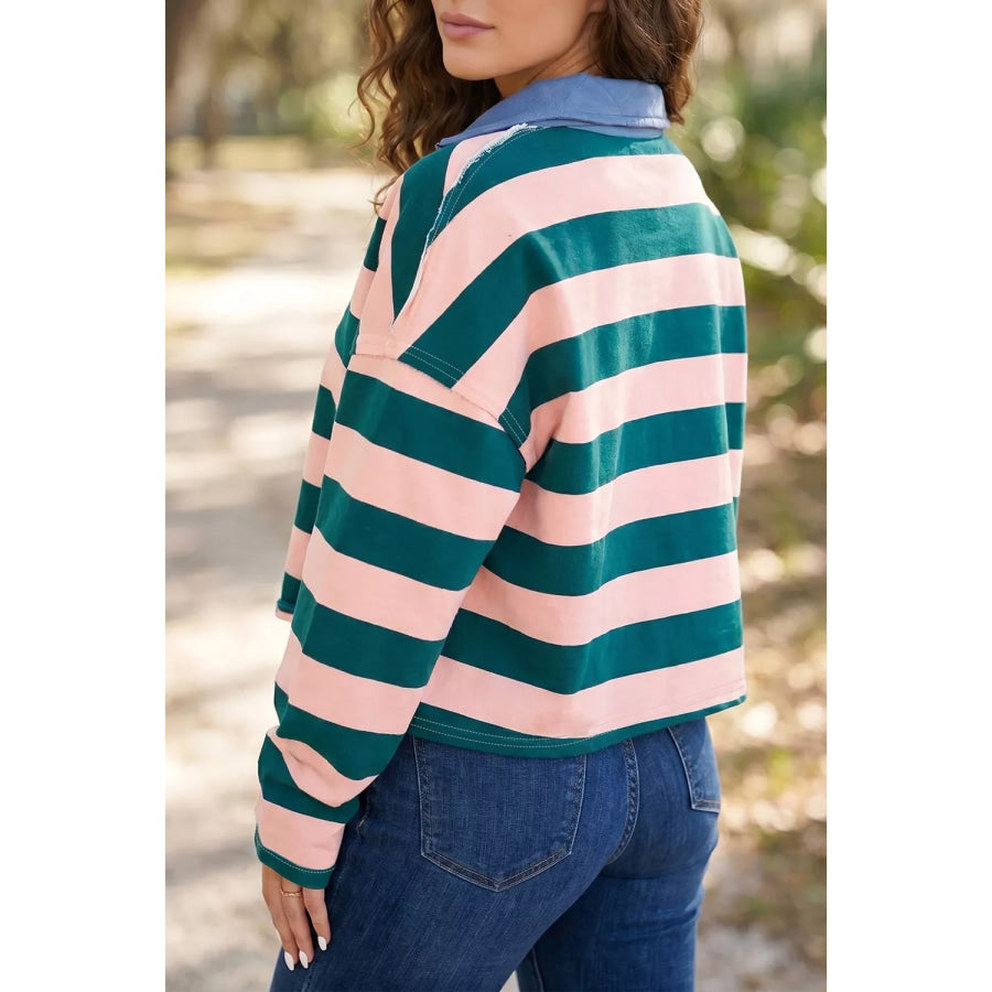 Stripe Quarter-Zip Metal Zipper Cover Stitch Hem Top Apparel and Accessories