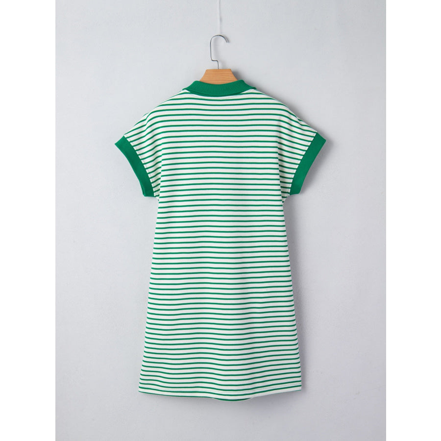 Stripe Quarter Zip Polo Collar T Shirt Dress with Pockets Apparel and Accessories