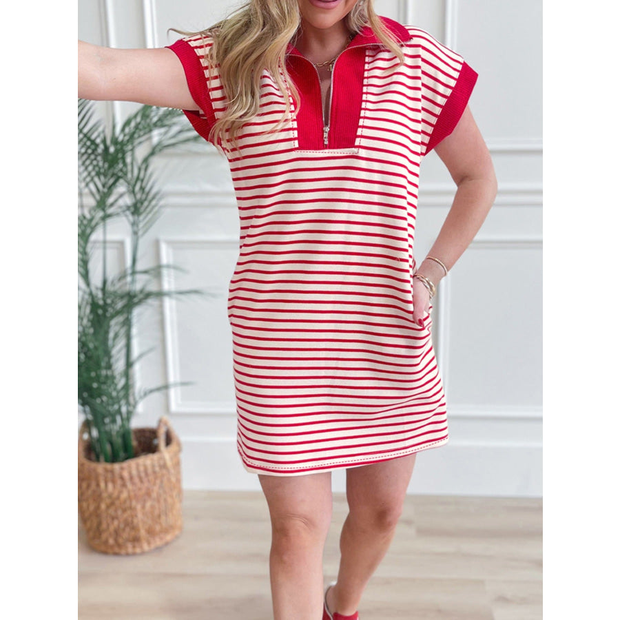 Stripe Quarter Zip Polo Collar T Shirt Dress with Pockets Apparel and Accessories