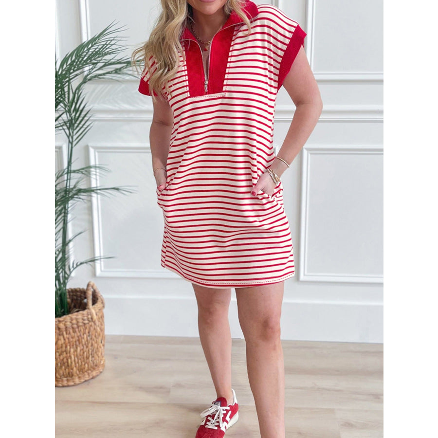 Stripe Quarter Zip Polo Collar T Shirt Dress with Pockets Apparel and Accessories