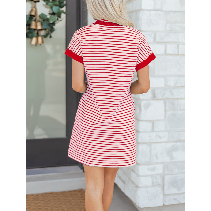 Stripe Quarter Zip Polo Collar T Shirt Dress with Pockets Apparel and Accessories