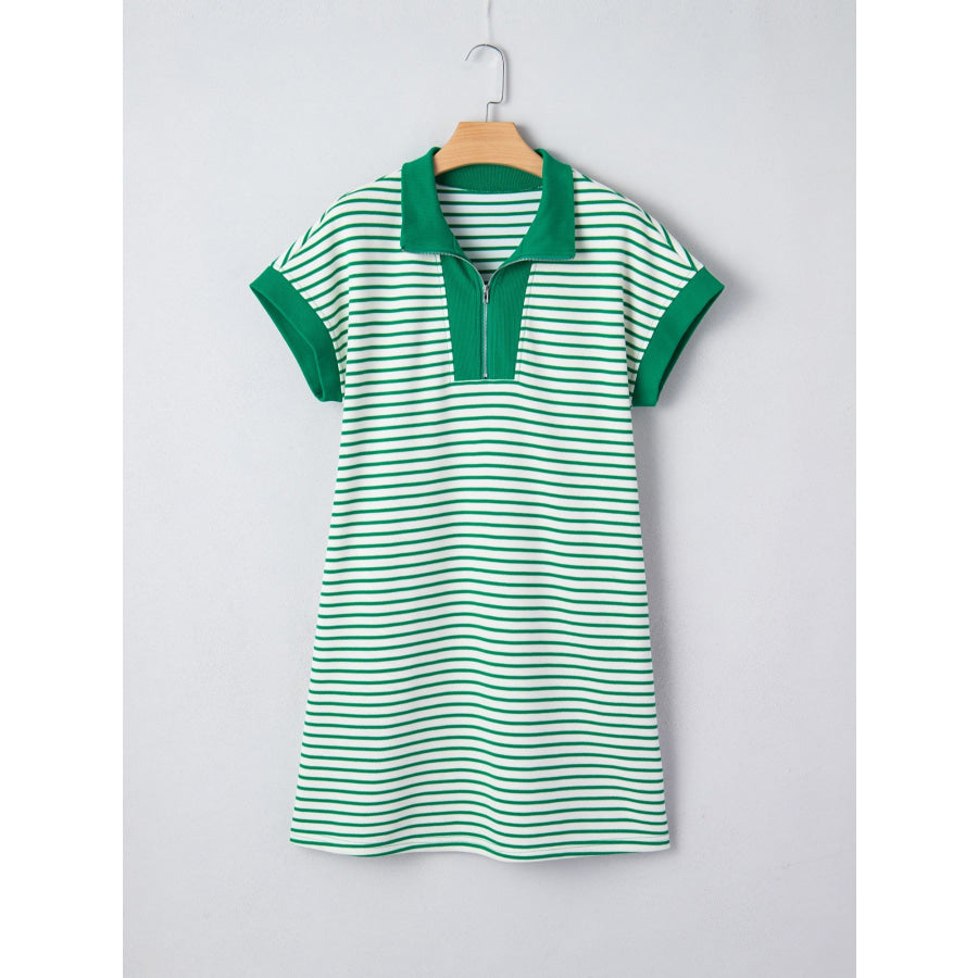 Stripe Quarter Zip Polo Collar T Shirt Dress with Pockets Apparel and Accessories
