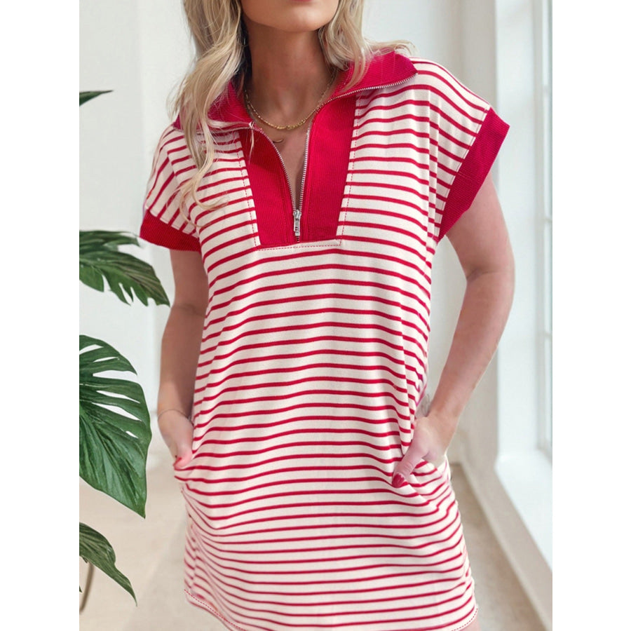 Stripe Quarter Zip Polo Collar T Shirt Dress with Pockets Apparel and Accessories