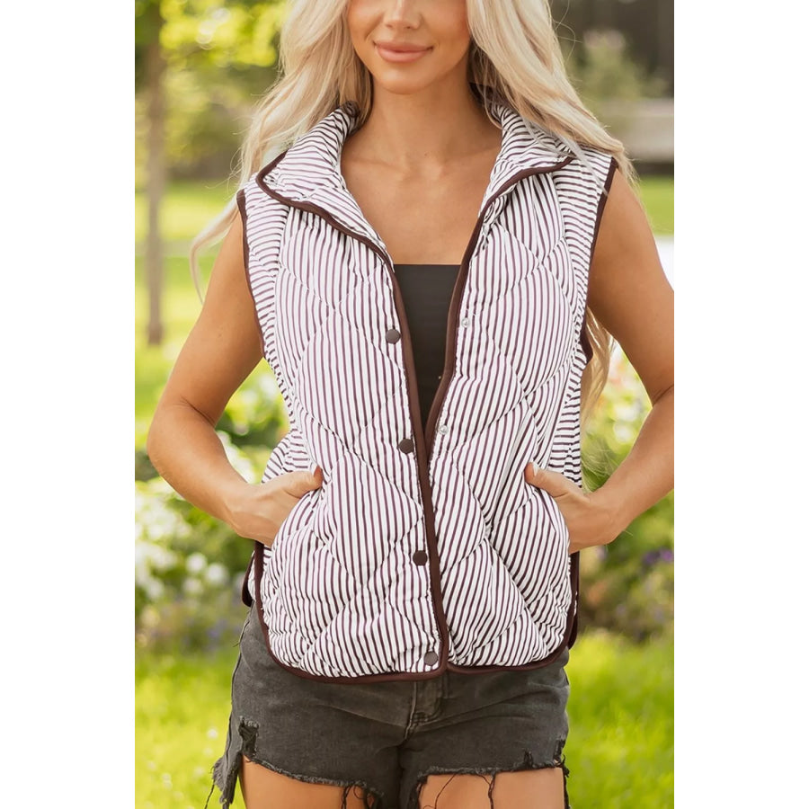 Stripe Quilted Wavy Hem Snap Button Vest Apparel and Accessories