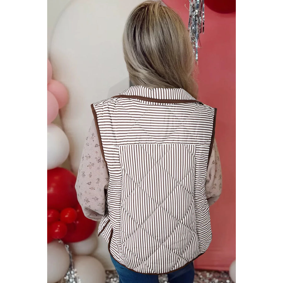 Stripe Quilted Wavy Hem Snap Button Vest Apparel and Accessories