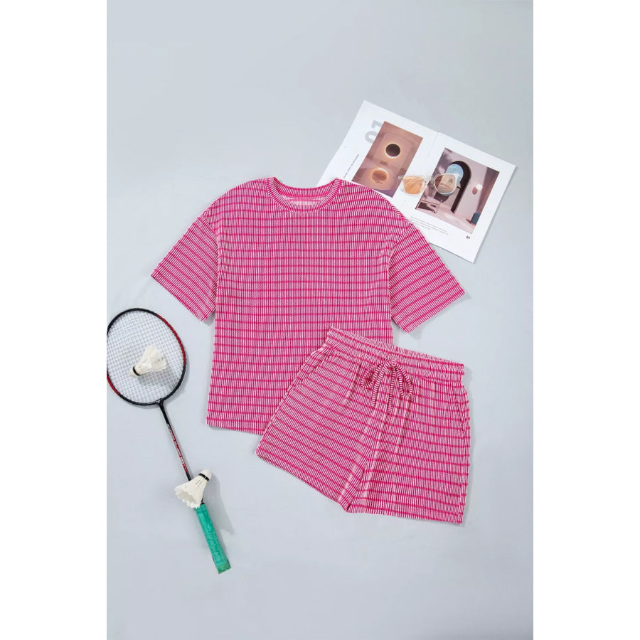 Stripe Raised Rib Loose Tee Drawstring Elastic Waist 2pcs Short Set Apparel and Accessories
