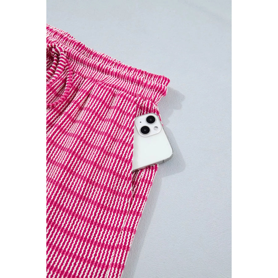 Stripe Raised Rib Loose Tee Drawstring Elastic Waist 2pcs Short Set Apparel and Accessories