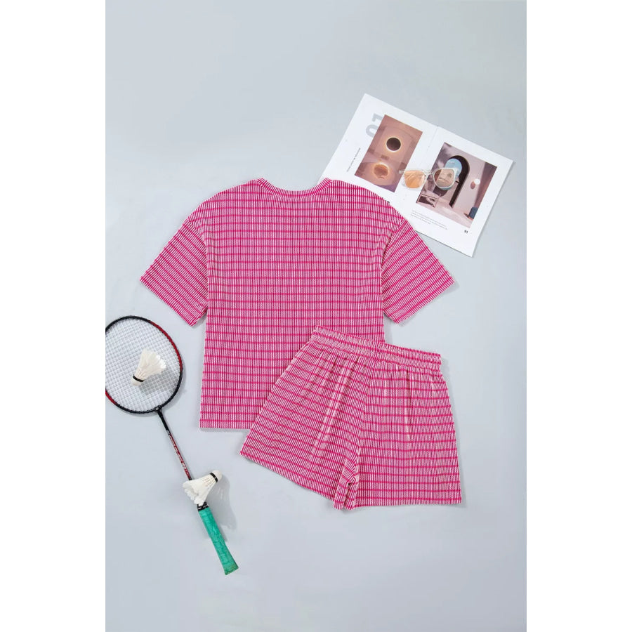 Stripe Raised Rib Loose Tee Drawstring Elastic Waist 2pcs Short Set Apparel and Accessories