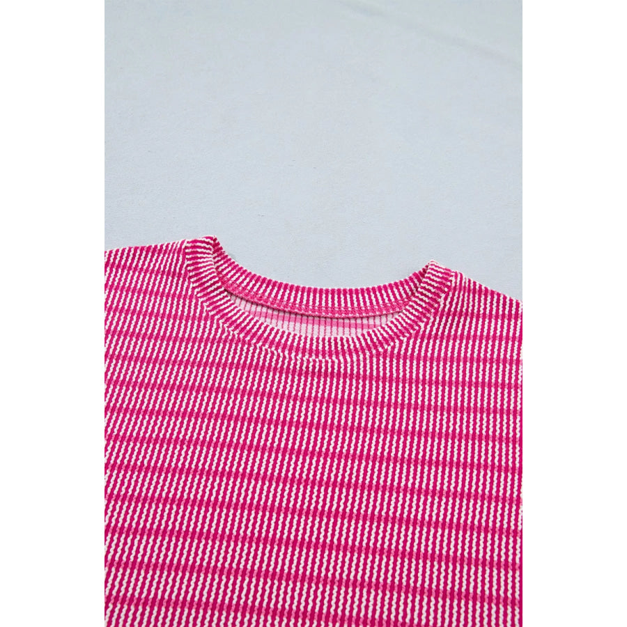 Stripe Raised Rib Loose Tee Drawstring Elastic Waist 2pcs Short Set Apparel and Accessories