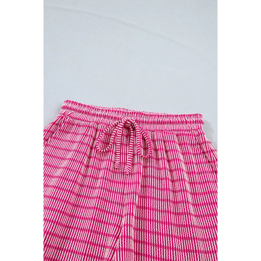 Stripe Raised Rib Loose Tee Drawstring Elastic Waist 2pcs Short Set Apparel and Accessories