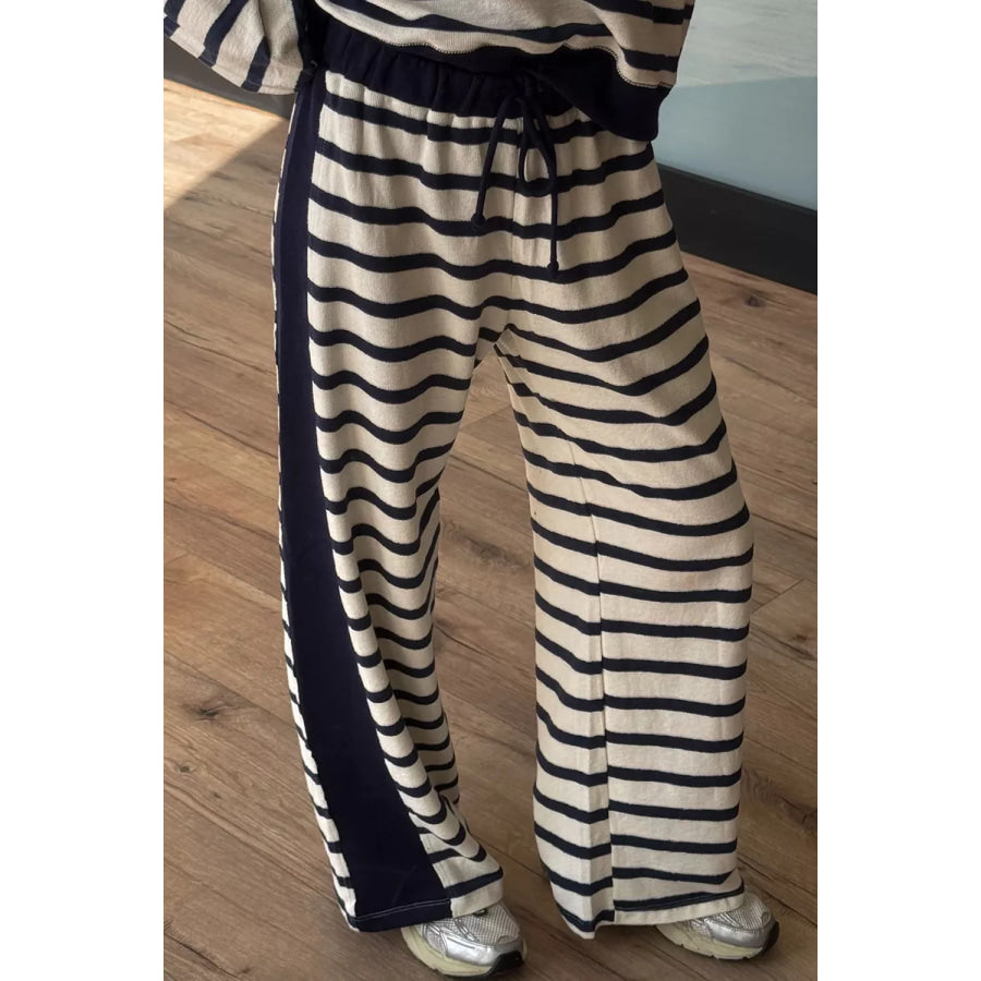 Stripe Relaxed Long Sleeve Top Color Block Detail Drawstring Pant Set Apparel and Accessories