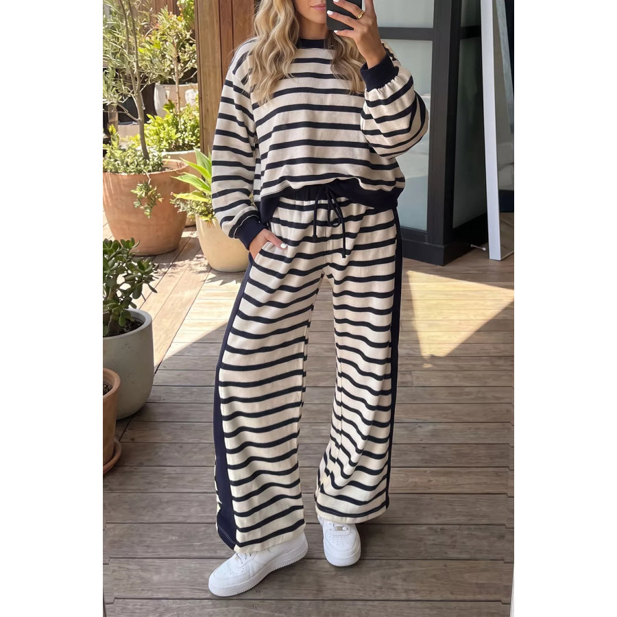 Stripe Relaxed Long Sleeve Top Color Block Detail Drawstring Pant Set Stripe / S Apparel and Accessories