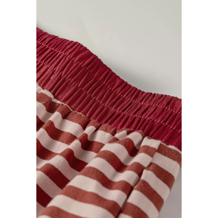 Stripe Relaxed Long Sleeve Top Contrast Elastic Waistband Short Set Apparel and Accessories