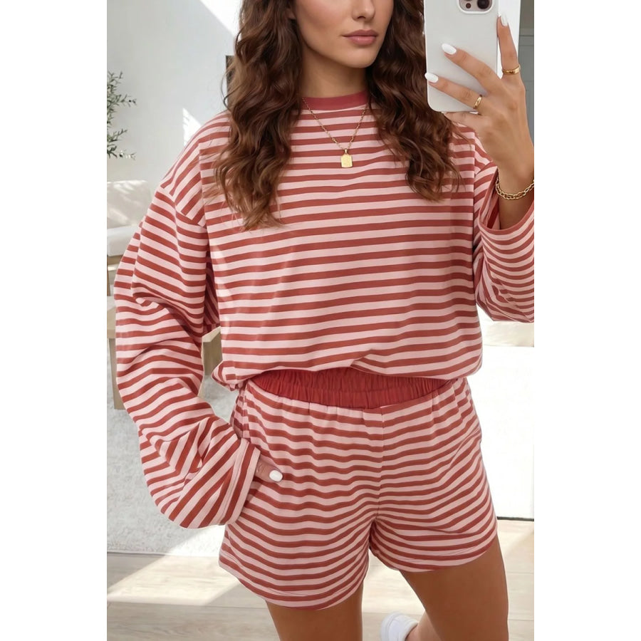Stripe Relaxed Long Sleeve Top Contrast Elastic Waistband Short Set Apparel and Accessories