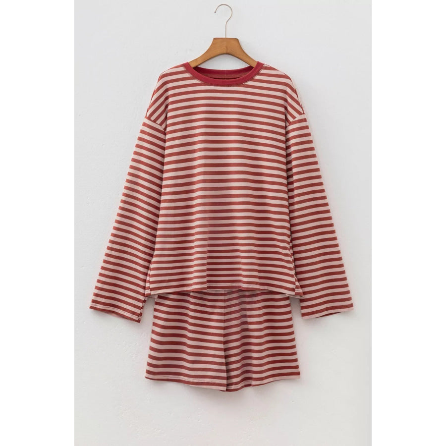 Stripe Relaxed Long Sleeve Top Contrast Elastic Waistband Short Set Apparel and Accessories