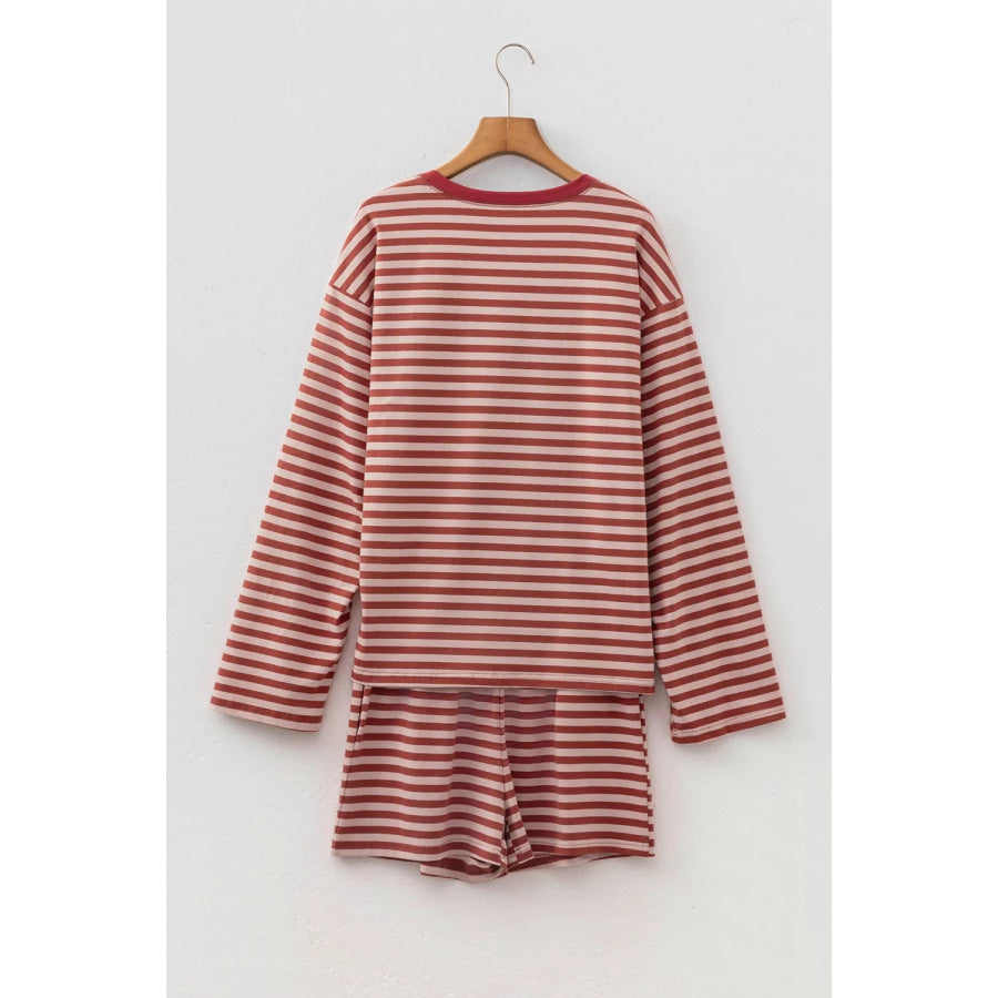 Stripe Relaxed Long Sleeve Top Contrast Elastic Waistband Short Set Apparel and Accessories