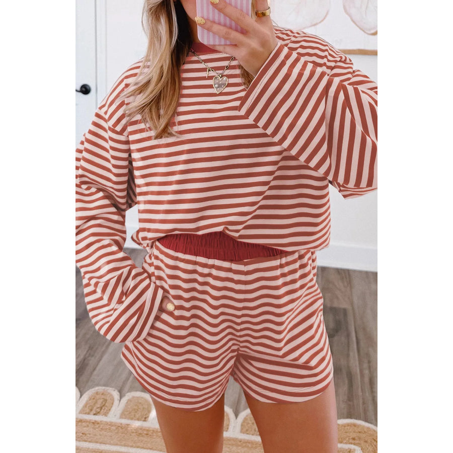 Stripe Relaxed Long Sleeve Top Contrast Elastic Waistband Short Set Apparel and Accessories