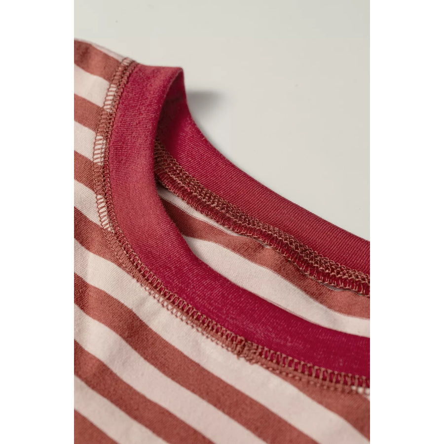 Stripe Relaxed Long Sleeve Top Contrast Elastic Waistband Short Set Apparel and Accessories