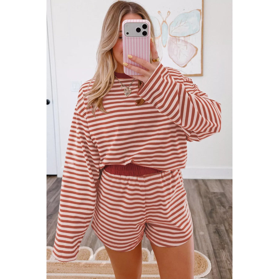Stripe Relaxed Long Sleeve Top Contrast Elastic Waistband Short Set Apparel and Accessories