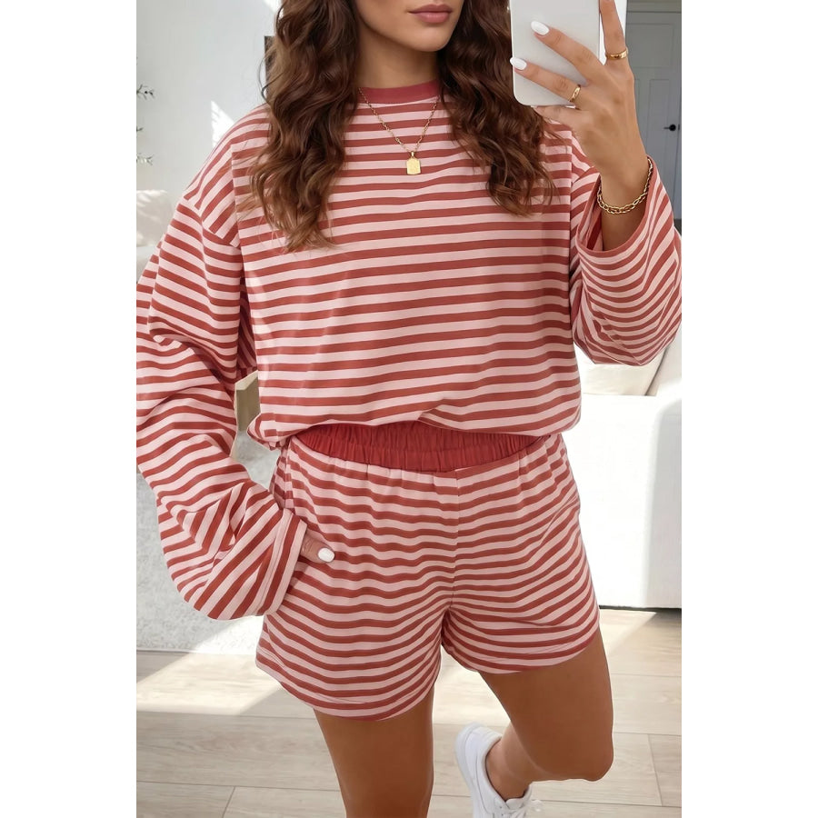 Stripe Relaxed Long Sleeve Top Contrast Elastic Waistband Short Set Dusty Pink / S Apparel and Accessories