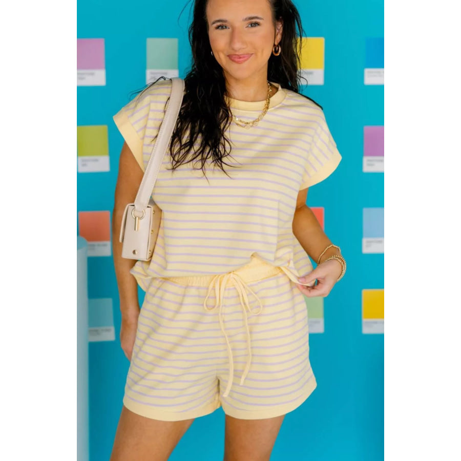Stripe Relaxed Tee Drawstring Shorts 2pcs Outfit Apparel and Accessories