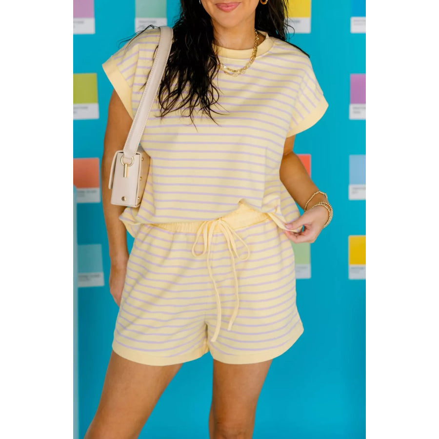 Stripe Relaxed Tee Drawstring Shorts 2pcs Outfit Pastel Yellow / M Apparel and Accessories