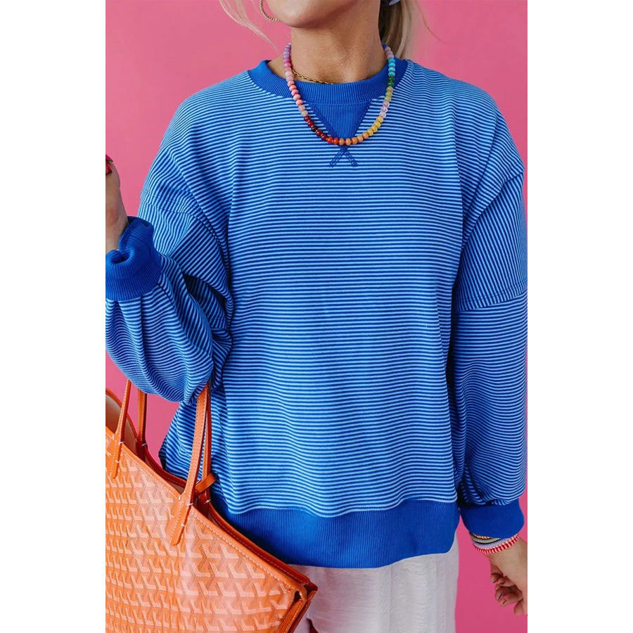 Stripe Ribbed Cuffs Hem Long Sleeve Pullover Top Apparel and Accessories