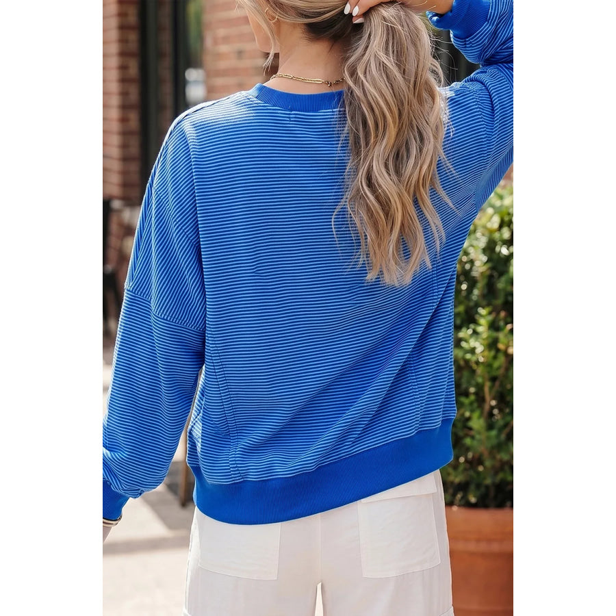Stripe Ribbed Cuffs Hem Long Sleeve Pullover Top Royal Blue / S Apparel and Accessories