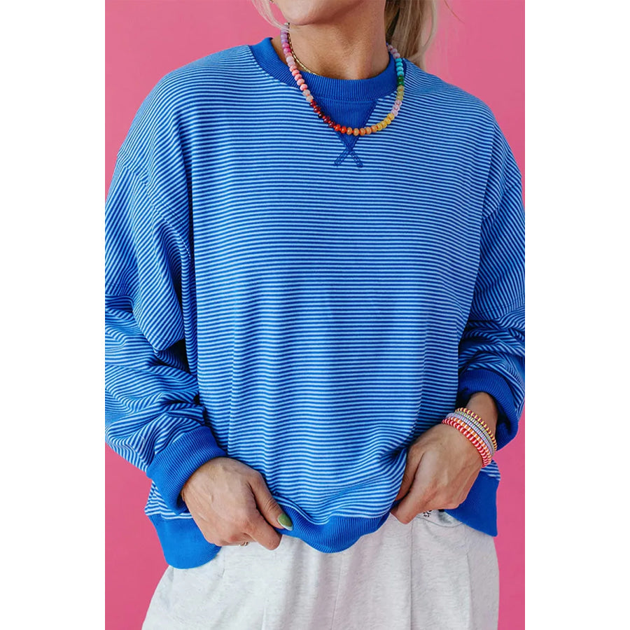 Stripe Ribbed Cuffs Hem Long Sleeve Pullover Top Apparel and Accessories