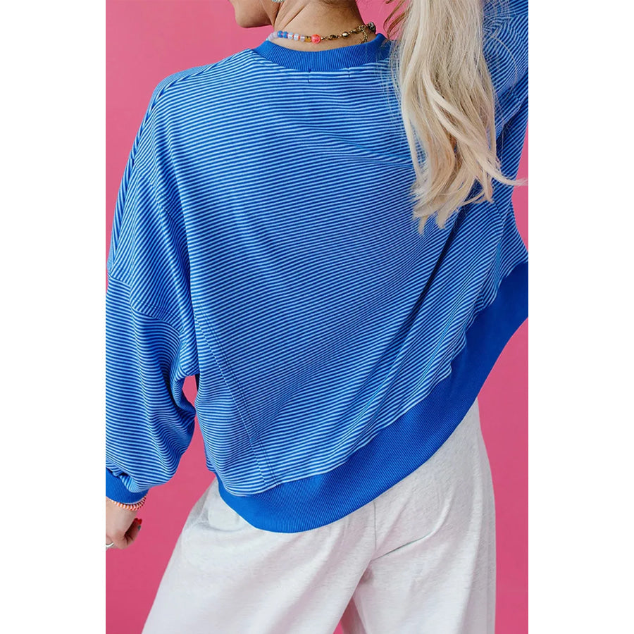 Stripe Ribbed Cuffs Hem Long Sleeve Pullover Top Apparel and Accessories