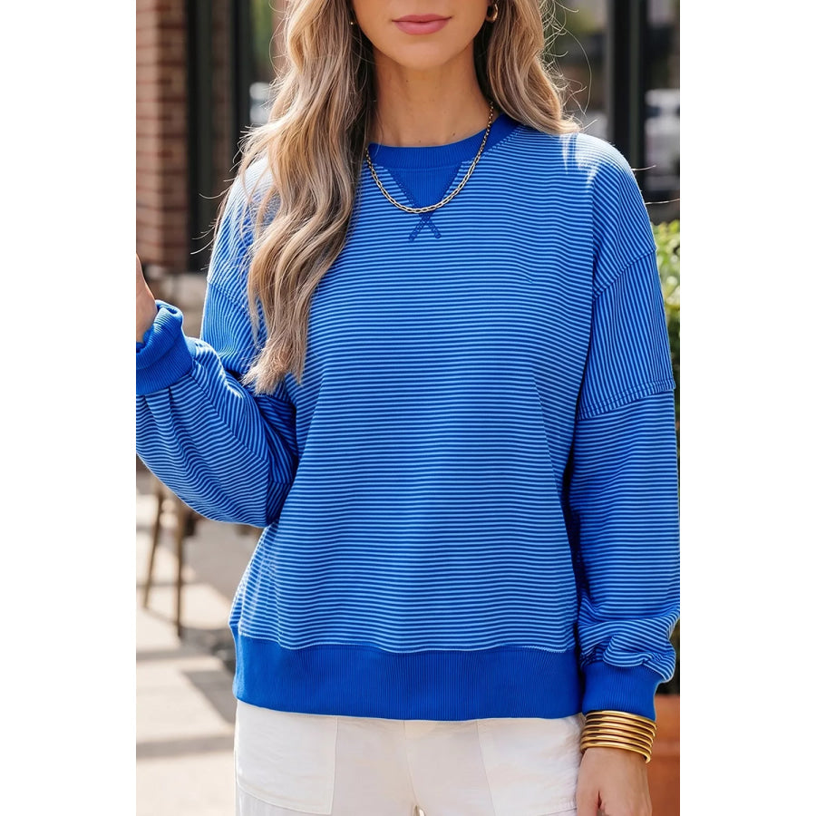 Stripe Ribbed Cuffs Hem Long Sleeve Pullover Top Royal Blue / S Apparel and Accessories