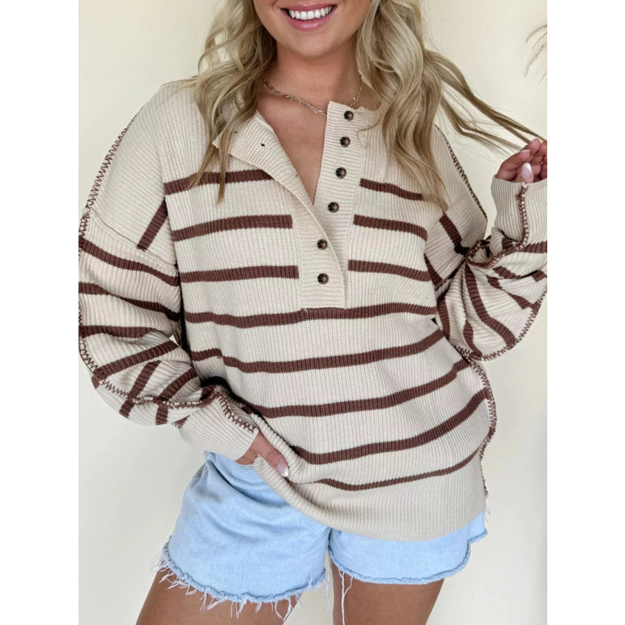 Stripe Ribbed Henley Drop Shoulder Slouchy Sweater Apparel and Accessories
