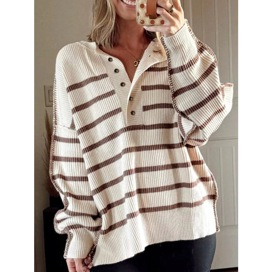 Stripe Ribbed Henley Drop Shoulder Slouchy Sweater Apparel and Accessories