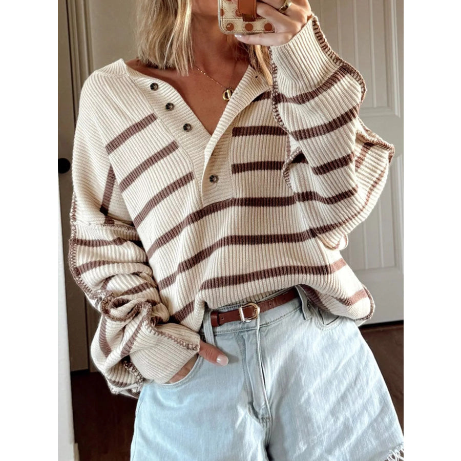 Stripe Ribbed Henley Drop Shoulder Slouchy Sweater Beige / S Apparel and Accessories