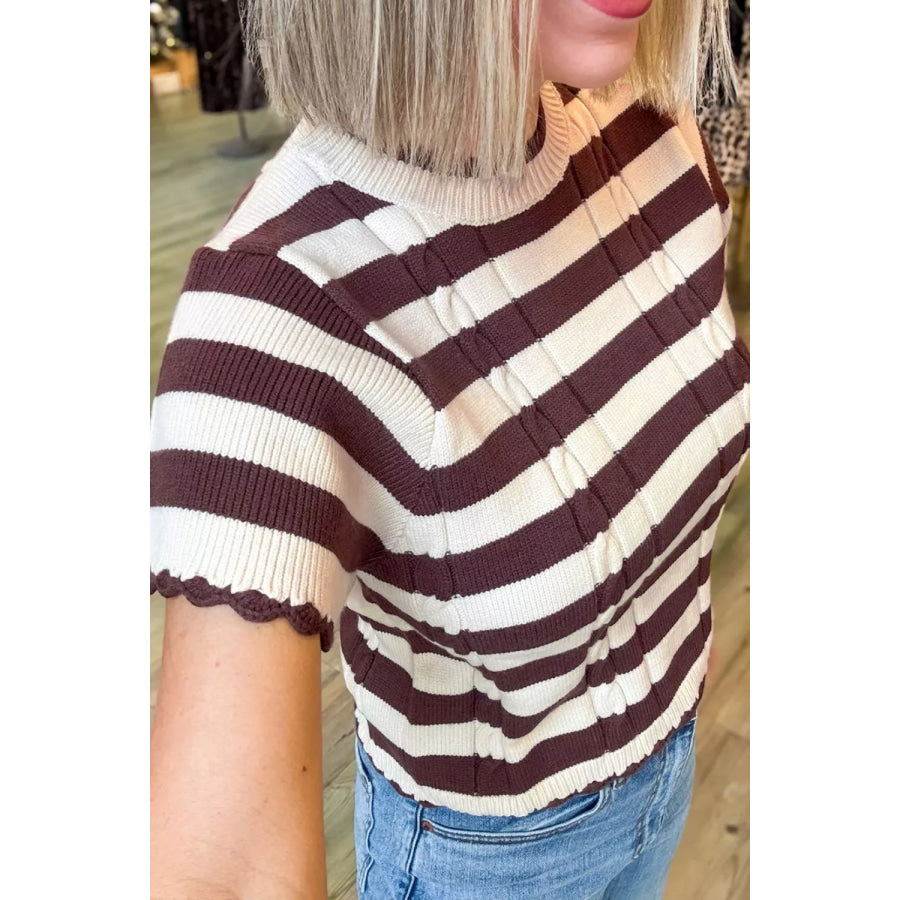 Stripe Ribbed Knit Cable Detail Short Sleeve Sweater Apparel and Accessories