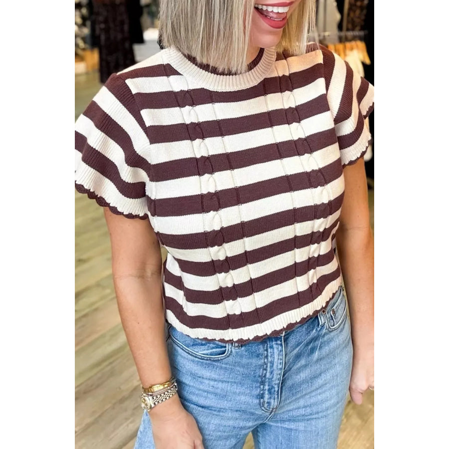 Stripe Ribbed Knit Cable Detail Short Sleeve Sweater Apparel and Accessories