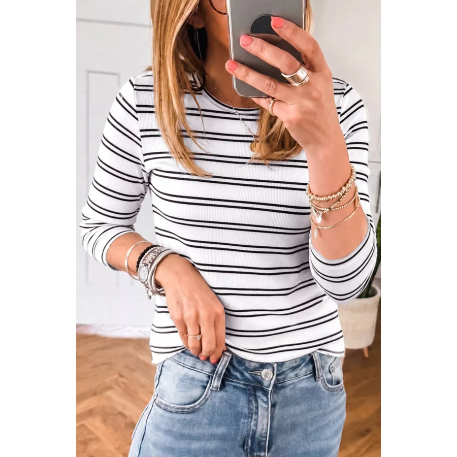 Stripe Ribbed Knit Round Neck Long Sleeve Top Apparel and Accessories