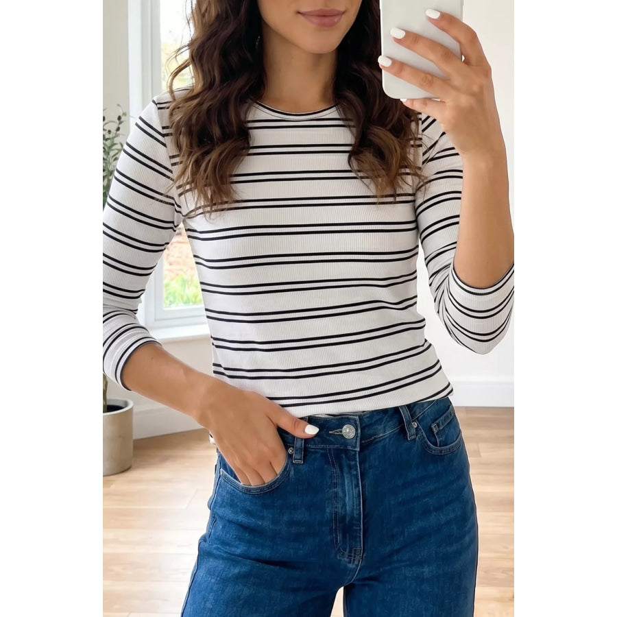 Stripe Ribbed Knit Round Neck Long Sleeve Top White / S Apparel and Accessories