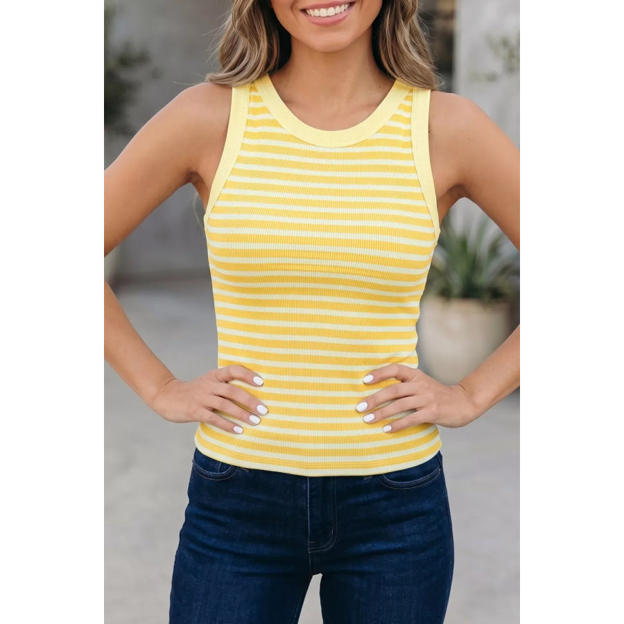 Stripe Ribbed Knit Slim Tank Top Light Yellow / S Apparel and Accessories