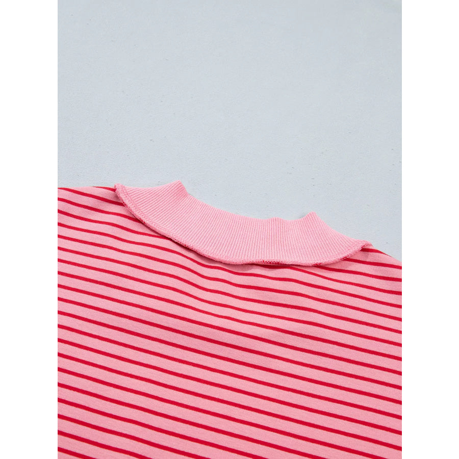 Stripe Ribbed Patchwork Mock Neck Baggy Pullover Matching Shorts Set Apparel and Accessories