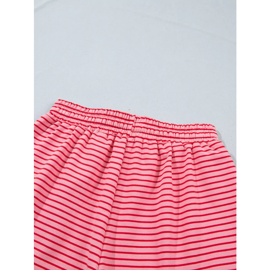 Stripe Ribbed Patchwork Mock Neck Baggy Pullover Matching Shorts Set Apparel and Accessories