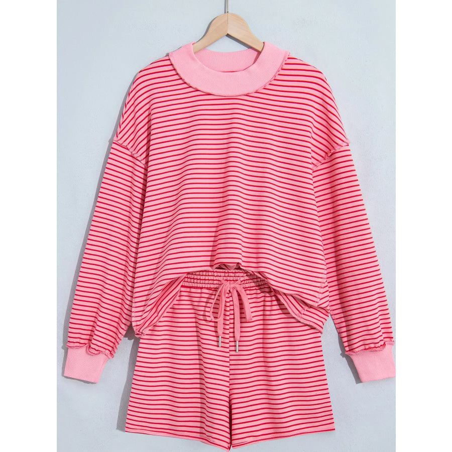 Stripe Ribbed Patchwork Mock Neck Baggy Pullover Matching Shorts Set Apparel and Accessories