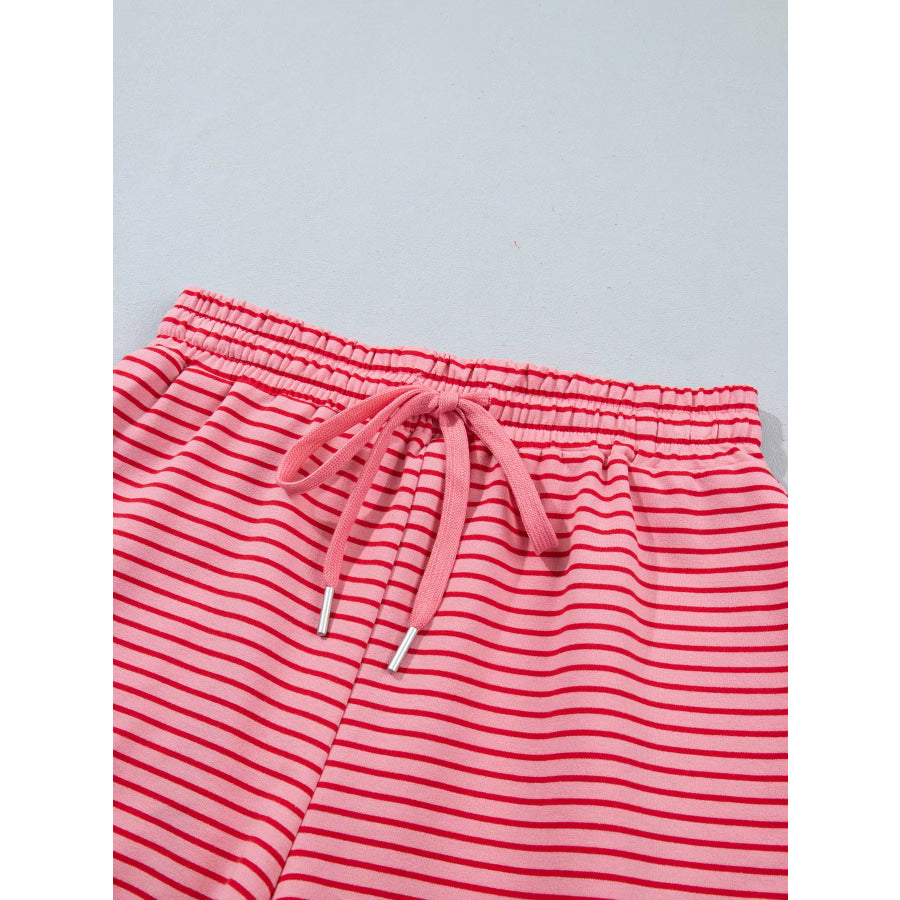 Stripe Ribbed Patchwork Mock Neck Baggy Pullover Matching Shorts Set Apparel and Accessories