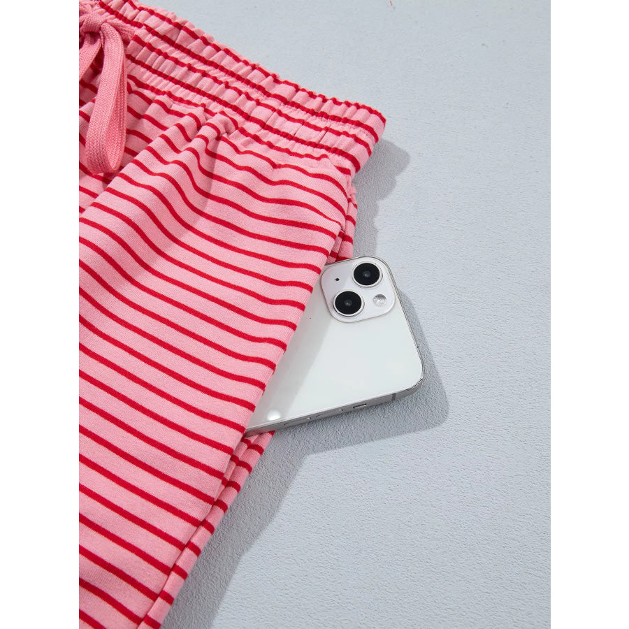 Stripe Ribbed Patchwork Mock Neck Baggy Pullover Matching Shorts Set Apparel and Accessories