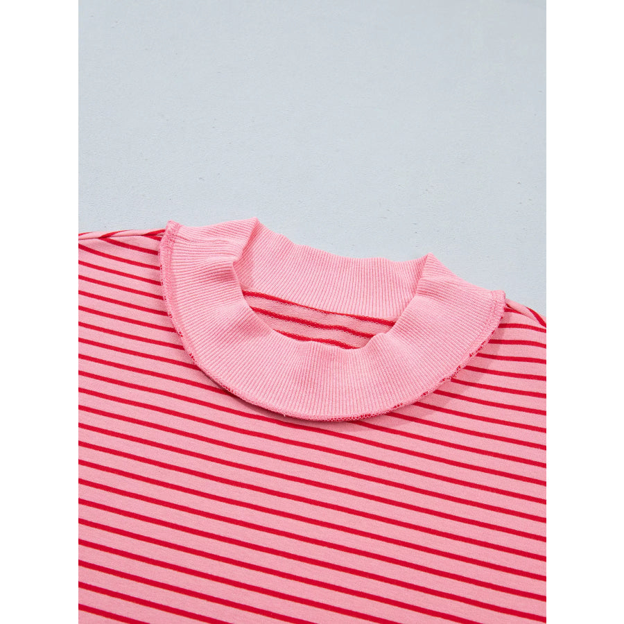 Stripe Ribbed Patchwork Mock Neck Baggy Pullover Matching Shorts Set Apparel and Accessories