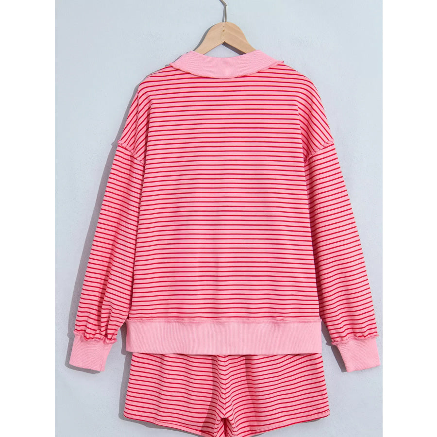 Stripe Ribbed Patchwork Mock Neck Baggy Pullover Matching Shorts Set Apparel and Accessories