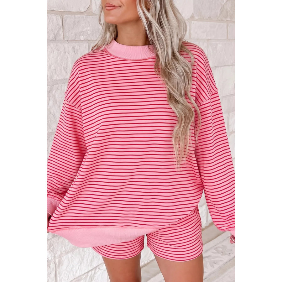 Stripe Ribbed Patchwork Mock Neck Baggy Pullover Matching Shorts Set Dusty Pink / S Apparel and Accessories