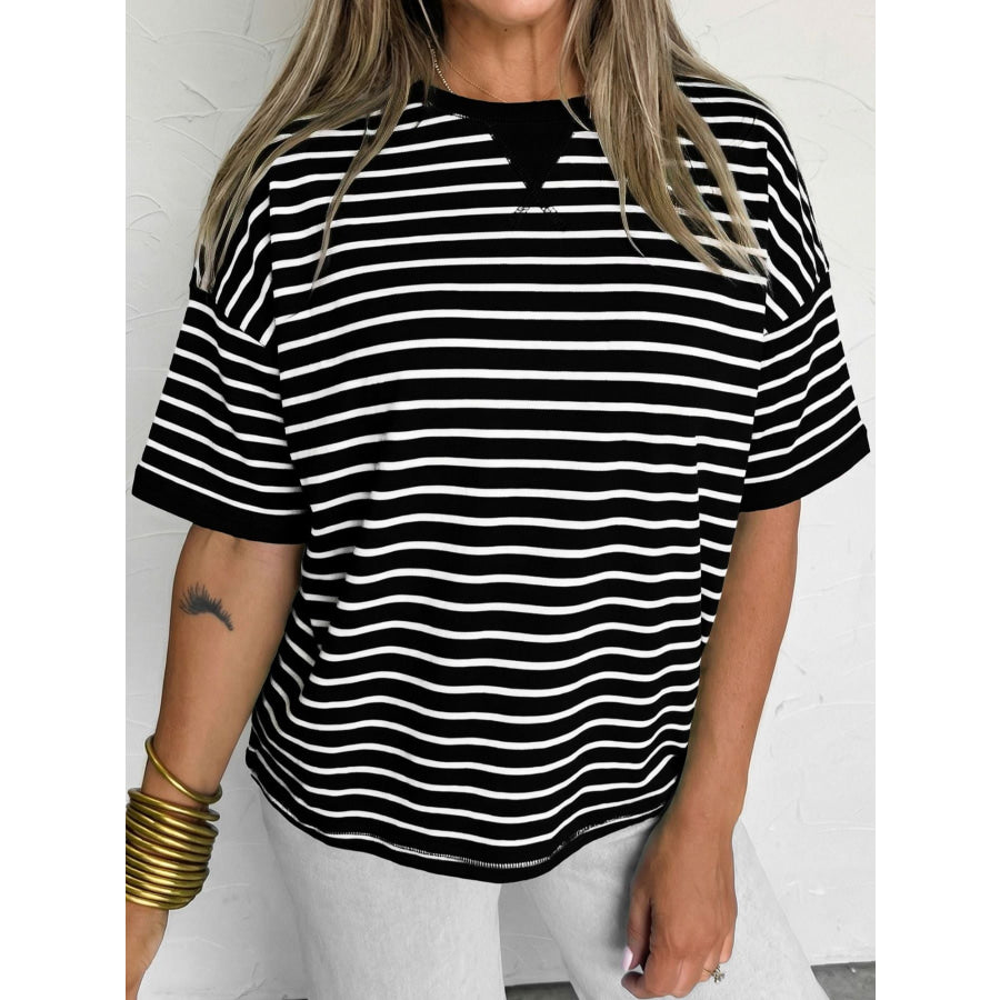 Stripe Ribbed Patchwork Seam Detail Half Sleeve Tee Apparel and Accessories