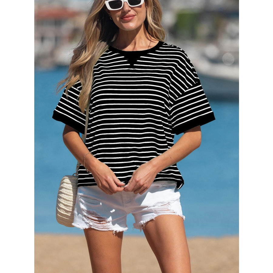 Stripe Ribbed Patchwork Seam Detail Half Sleeve Tee Apparel and Accessories