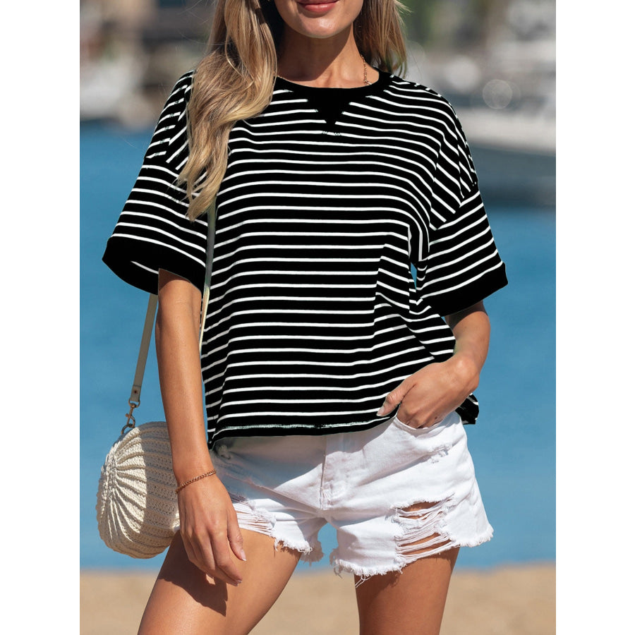Stripe Ribbed Patchwork Seam Detail Half Sleeve Tee Black / S Apparel and Accessories